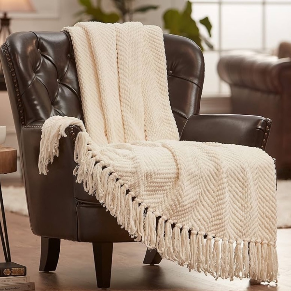Chanasya Premium Textured Knit Throw Blanket with Tassels - Soft, Cozy Blanket